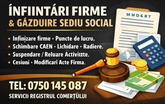 Deschidere-Inchidere Firma SRL - Punct de Lucru  Schimbare cod Caen Denumire Sediu Social Administrator Dizolvare   Radiere  Lichidare Act constitutiv