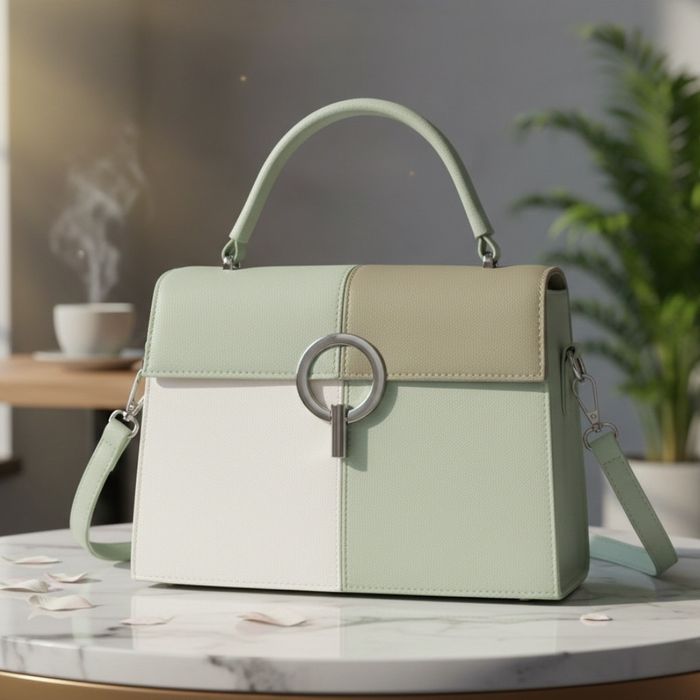 Многоцветна дамска чанта с метална тока и дълга дръжка