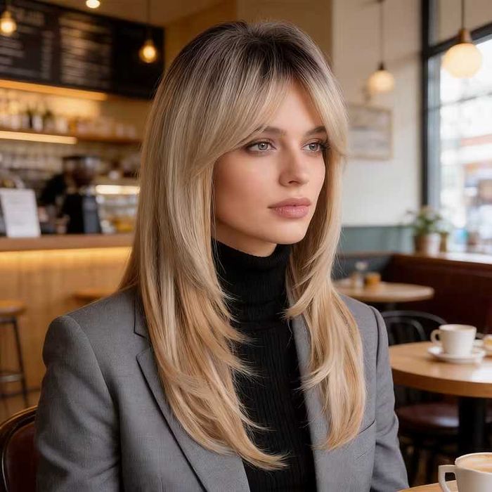 Руса перука с тъмни корени и бретон – 60 см, на пластове, синтетична