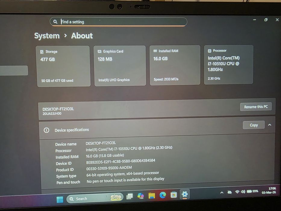 Laptop Lenovo ThinkPad X1 Carbon Gen 8 i7-10510U 16Gb RAM 512Gb SSD