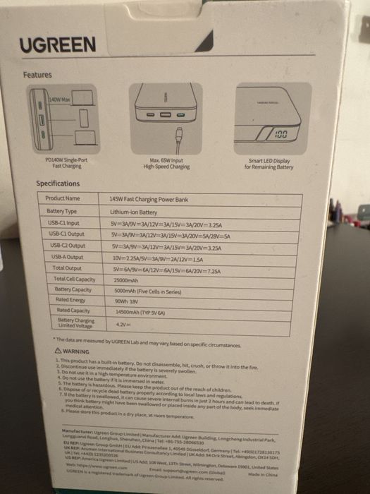 UGREEN Nexode Power Bank 25000mAh 145w 1x USB-A 2x USB-C Gri