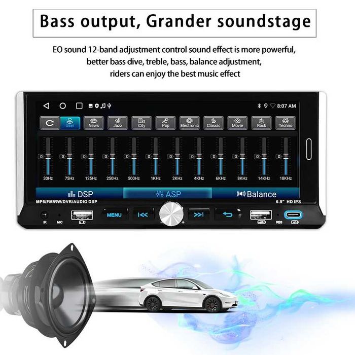 6.86” 1280*480 1-Din мултимедия с Android 15, RDS, RAM 4GB, 32GB ROM