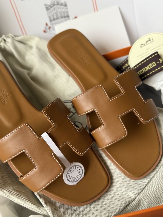 Шлепки Hermes Oran коричневые 1:1, 37 premium