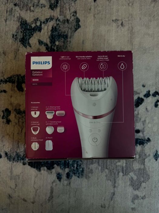 Epilator Philips Series 8000 BRE735, 32 pensete, 8 accesorii, Alb