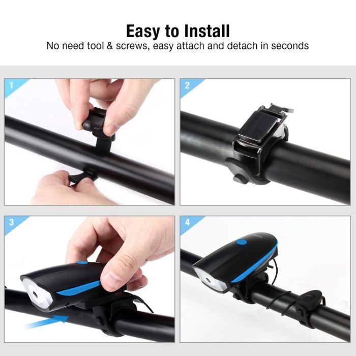 Set lumini bicicletă + buzzer multiton impermeabile reincarcabile USB