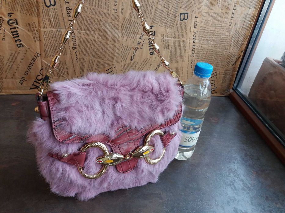 дамска чанта,розова малка кожена торба-естествена кожа,косъм