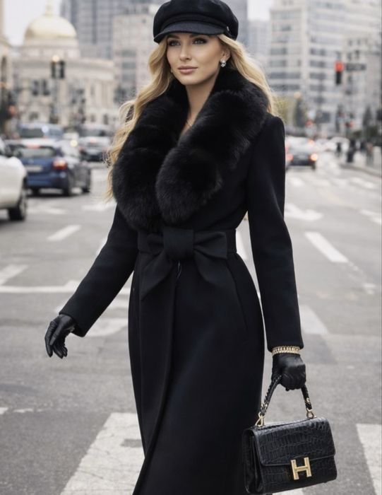 Бутиково  Палто от Кашмир и Вълна с Богата Яка от Лисица, Ново