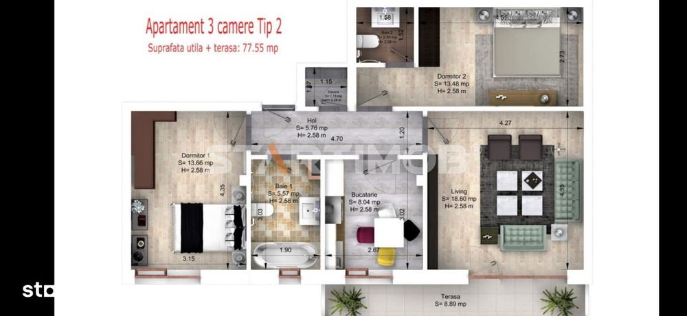 Apartament mobilat 3 camere cu parcare subterana