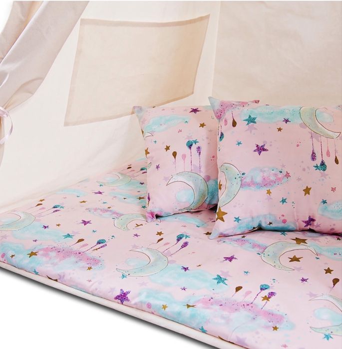 Cort copii stil indian Teepee Tent Kidizi Pink Moon, include covoras gros si 2 perne