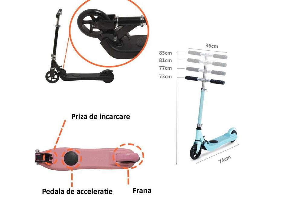 Trotinetă electrică pentru copii, viteză limitată la 7 km/h, 150W