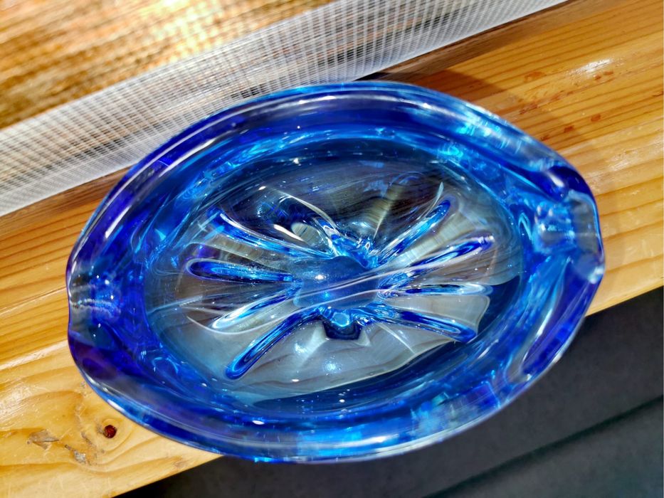 Антикварна Мурано кристална купа пепелник кобалтово синя ръчно правена