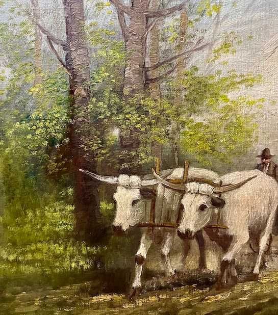 ”CAR CU BOI” tablou VECHI, in ulei/pânză/cart, semnat 70x50cm+Rama