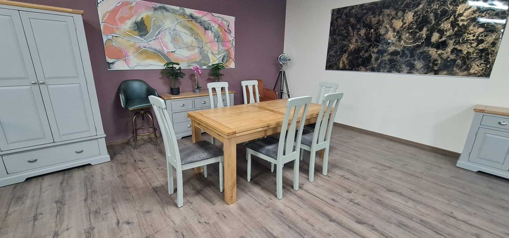 ПРОМОЦИЯ! Нова дървена разтегателна трапезна маса от дъб с шест стола