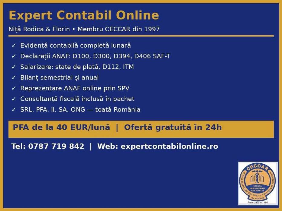Contabil Online pentru PFA — Fără Deplasări, de la 40 EUR/lună