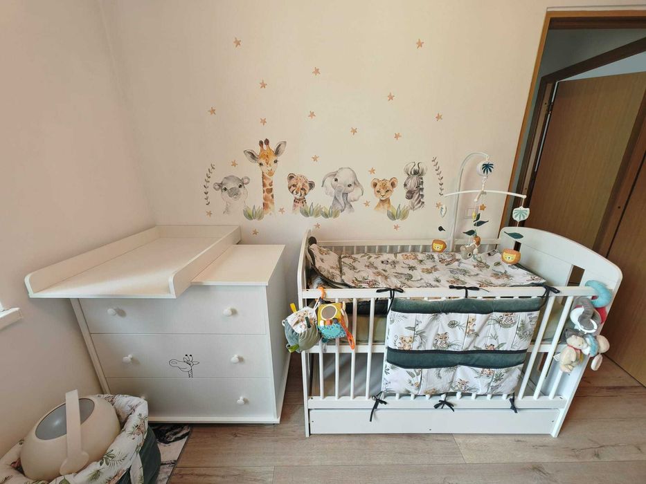 Patut copii lemn cu sertar Safari+saltea din latex si spuma de carbon