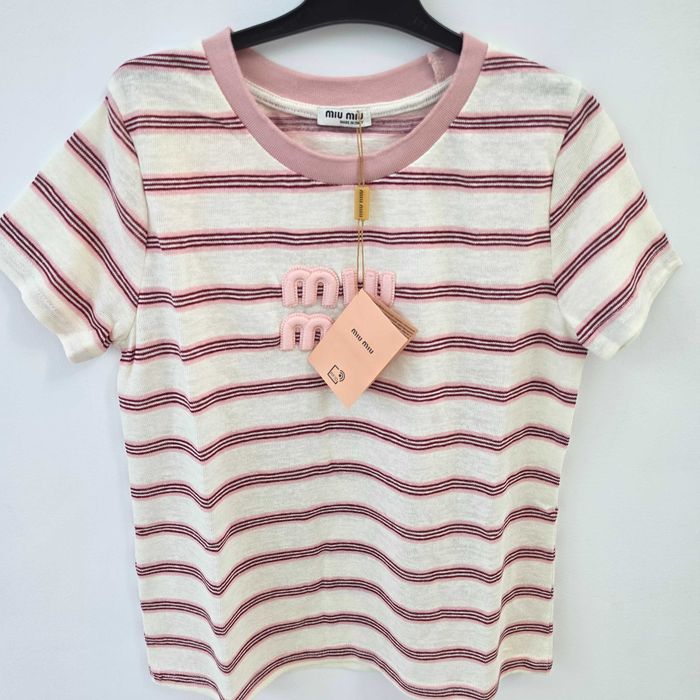 Bluză Miu Miu din bumbac, alb/roz – S/36, nouă cu etichetă