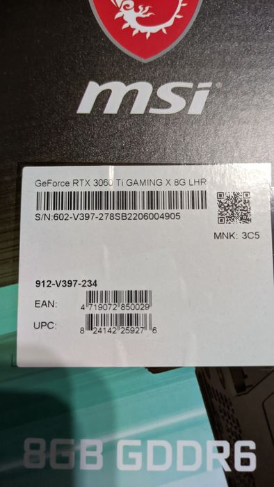 Видеокарта MSI RTX 3060 TI Gaming 8GB