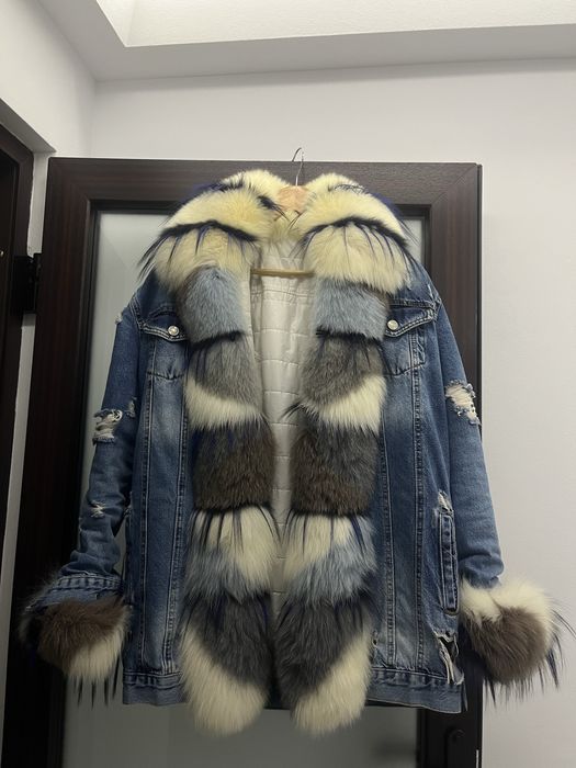 Geaca Dilvin Denim cu Blana Naturara de Vulpe- Detaşabilă