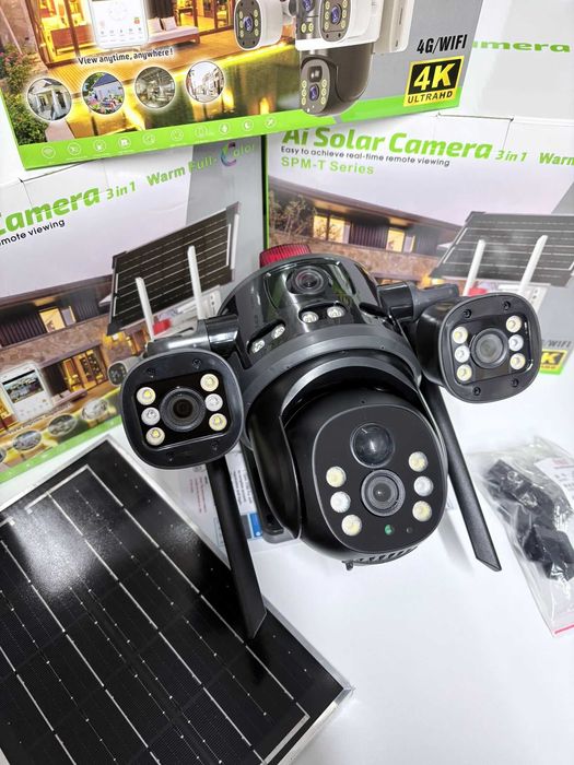 Camera Supraveghere Tripla 4G 16Mp Incarcare Solara + Micro Sd 64gb