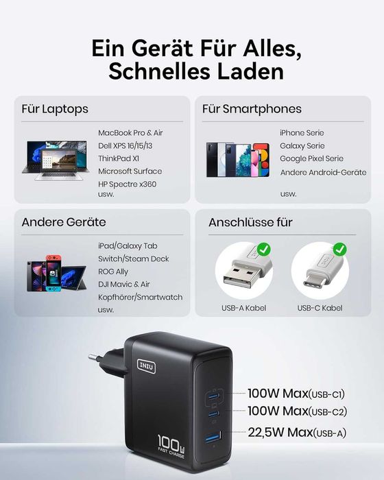 100W Бързо зарядно за лаптоп с USB C