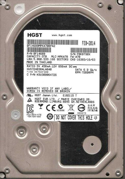 Hard Disk 3TB Hitachi HGST HUS724030ALA640 7200 64MB buffer sata III PC NAS DVR Server