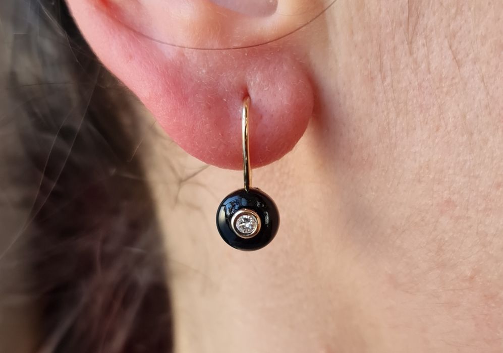 Cercei aur galben 18k cu diamante și onix negru natural