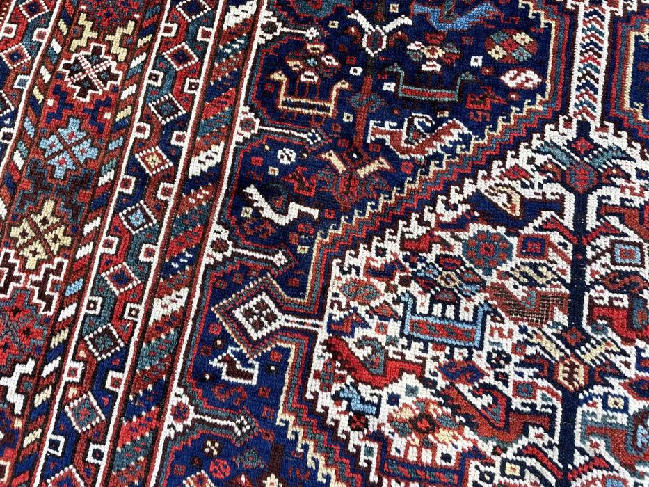 covor persan iranian antic vechi tribal Khamseh pasari mare 248x188 cm