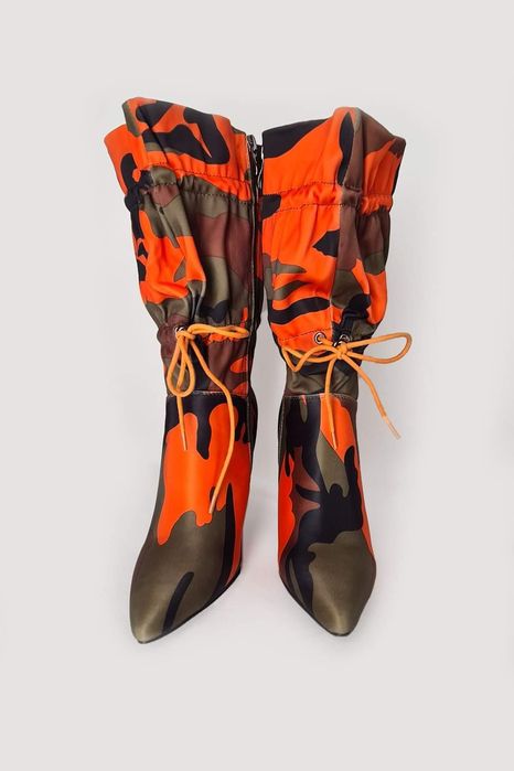 Botine satin sliletto Dama camuflaj toc cui varf ascutit