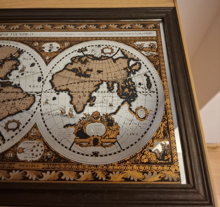 Tablou decorativ pe sticlă/oglindă – Hartă veche a lumii, ramă din lem