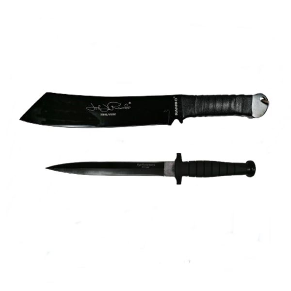 Set Cutit de vanatoare cu doua taisuri si Maceta Rambo,Otel inoxidabil