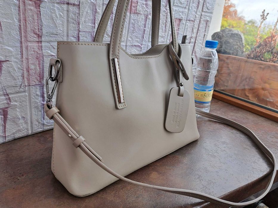 дамска чанта,бежова кожена чанта-естествена кожа