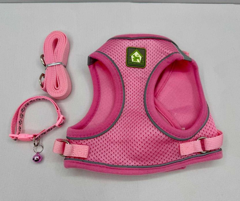 Set ham si lesa pentru caini, vesta reflectorizanta ajustabila, roz,L