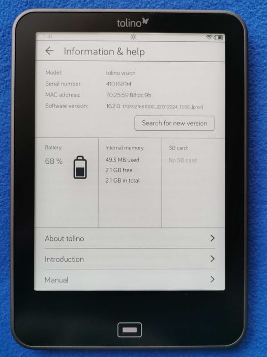 Коbo за немския пазар - четец Tolino Vision  с подсветка