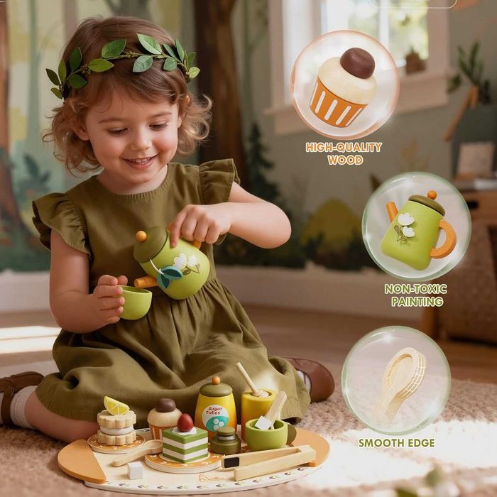 Дървен сервиз за чай, комплект за игра на чай за деца 3+ години