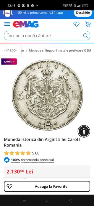 Moneda argint 5 lei 1881 b Carol 1