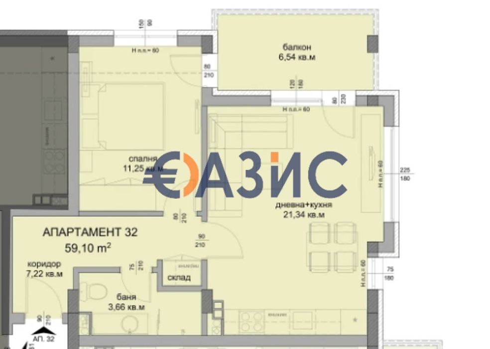 2-стаен апартамент на 3-ти етаж, Флора Бийч, Сарафово, Бургас - 64,8