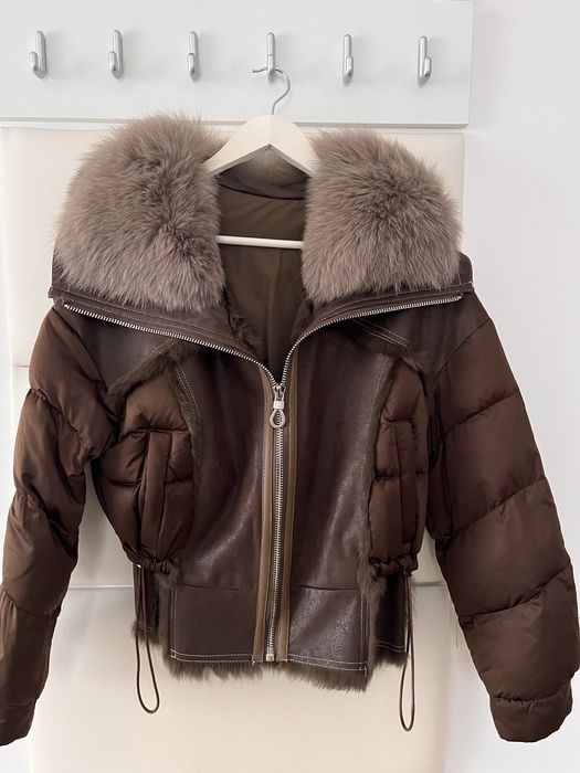 Geaca bomber cu blana de iepure interior, guler vulpe