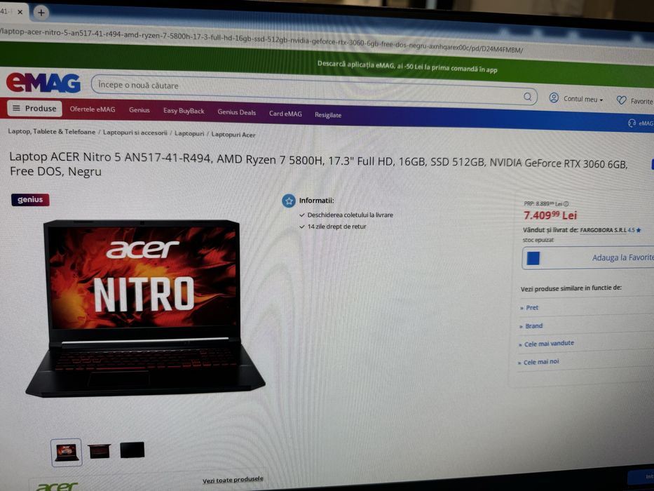 ACER Nitro 5 AMD Ryzen 7 5800H 17.3" FHD144Hz, 32GB SSD 512GB RTX 3060