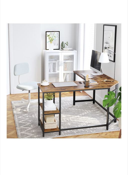 Birou de colt, VASAGLE, 2 rafturi aspect lemn, cadru metalic, 138 x 138 x 75 cm, Maro Inchis, LWD72X, nou