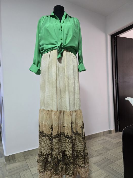 Rochie lunga din bumbac cu volane din sifon, cordon in talie
