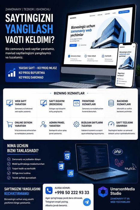 Biznes Uchun Web Sayt Yaratish va Yangilash