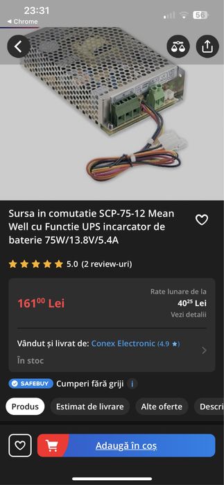 Sursa in comutatie 5,4A si 3,6A MeanWell SCP-75-12 cu back-up