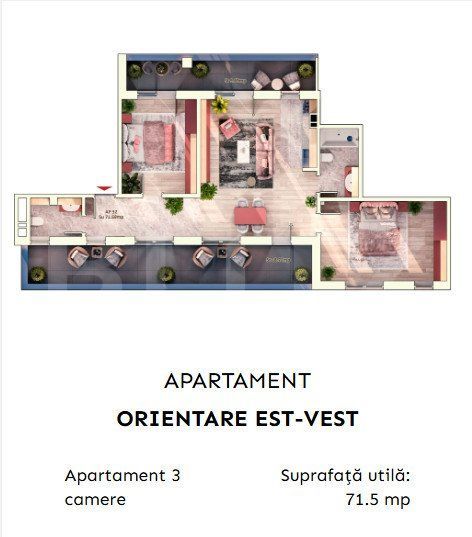 Apartament 3 camere, 70 mp, balcon, parcare subterana — fotografia 3