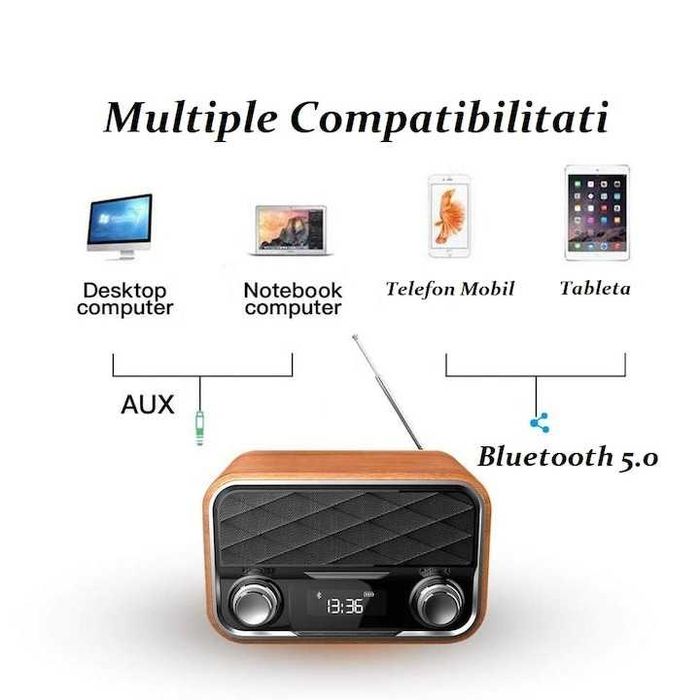 Radio portabil retro Bluetooth FM AUX difuzor wireless baterie 2000mAh