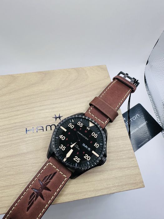 *Чисто Нов*Hamilton H64605531 Khaki Pilot Day Date *Night Mission*