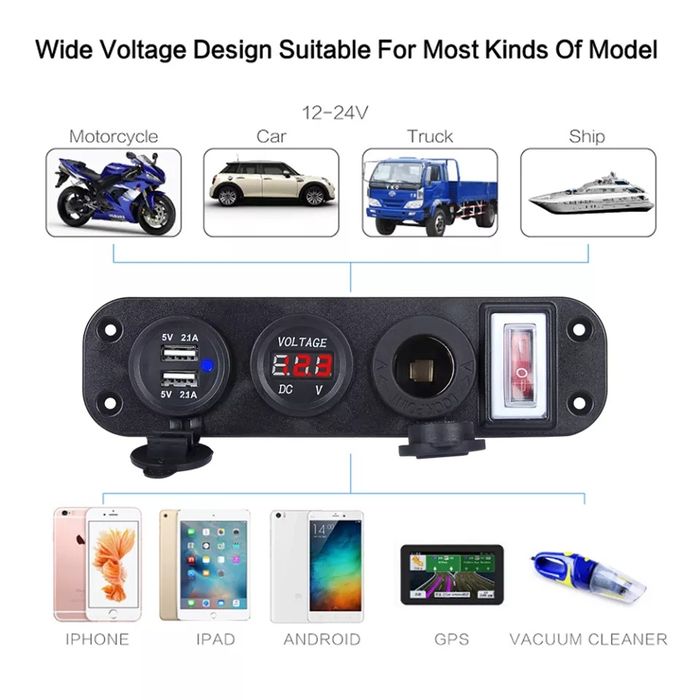 Panou auto cu priza bricheta, voltmetru/ampermetru si USB