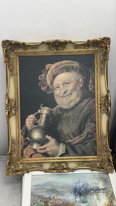 Tablou vintage pictat manual pe pânză, ramă aurie sculptată