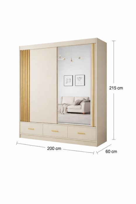 Șifonier modern  ,2 uși glisante + 3 sertare  culoare casmir/insertii lemn