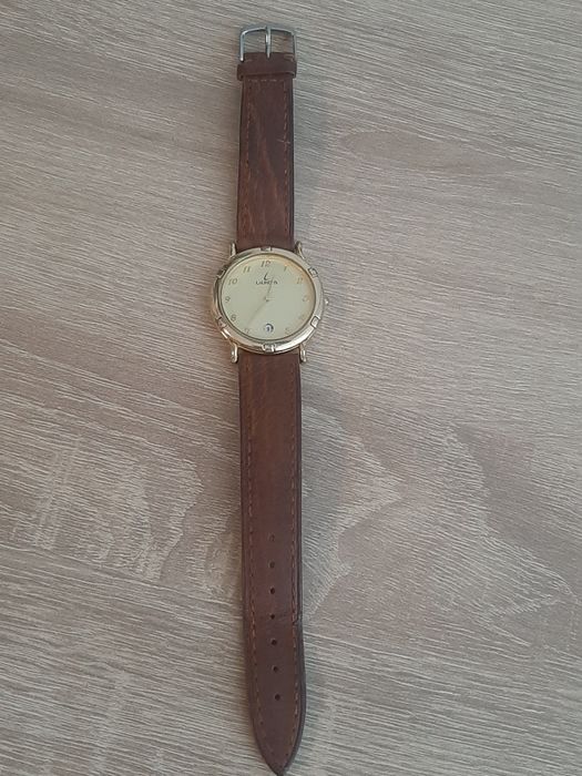 Ceas Laurens clasic elegant, auriu, dată, curea piele maro  vintage
