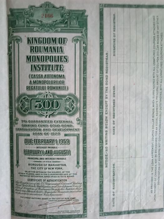 $500 Dolar Aur 1929 Romania Titlu de Stat Obligatiune neincasata la purtator cu cupoane dobanda